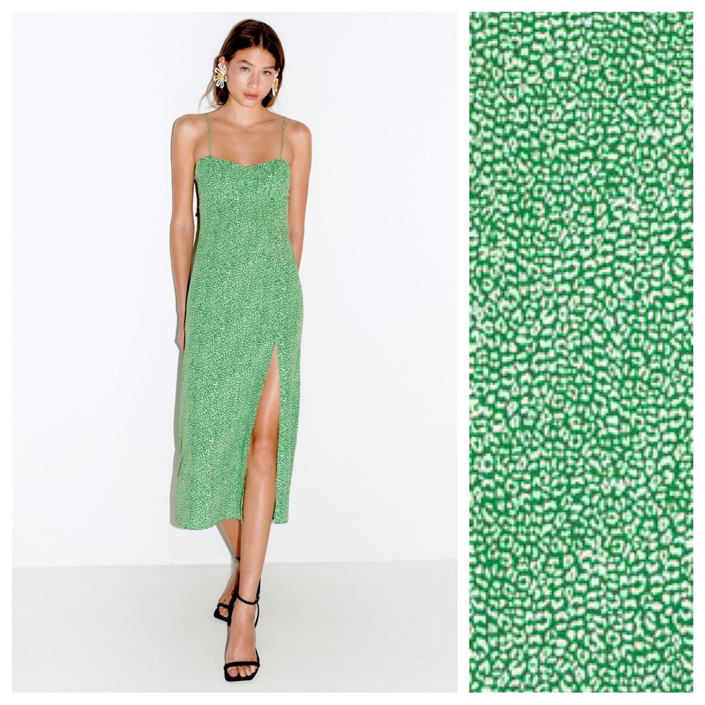 Zara Green Micro-Print Midi Dress